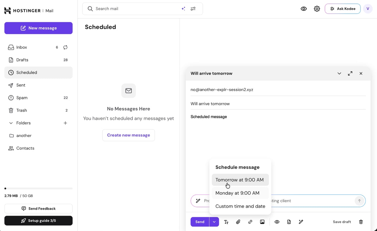 Email scheduling in Hostinger webmail.