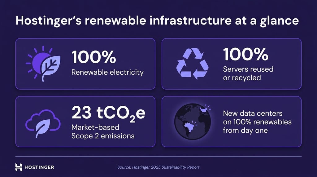 An infographic showing Hostinger's renewable infrastructure at a glance