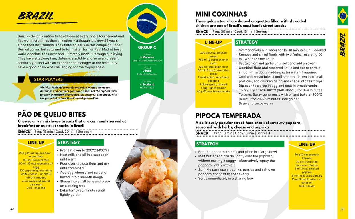 Double-page spread from the book showing Brazil's recipes, team overview, and group-stage fixtures.