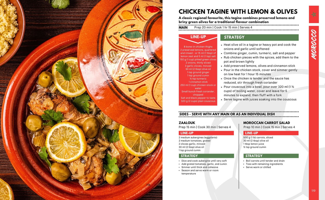 Double-page spread showing Morocco's chicken tagine recipe and two side dishes.