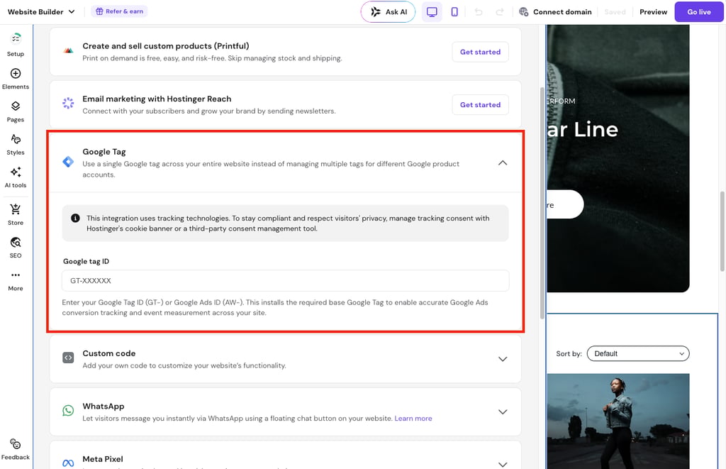 Google Tag integration highlighted in Website Builder.