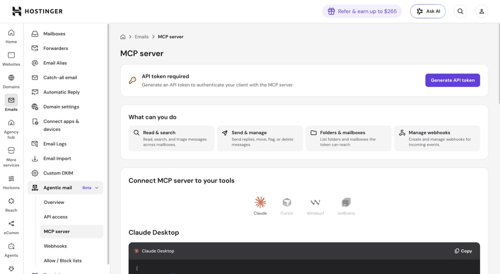 Hostinger Mail's public API to connect MCP
