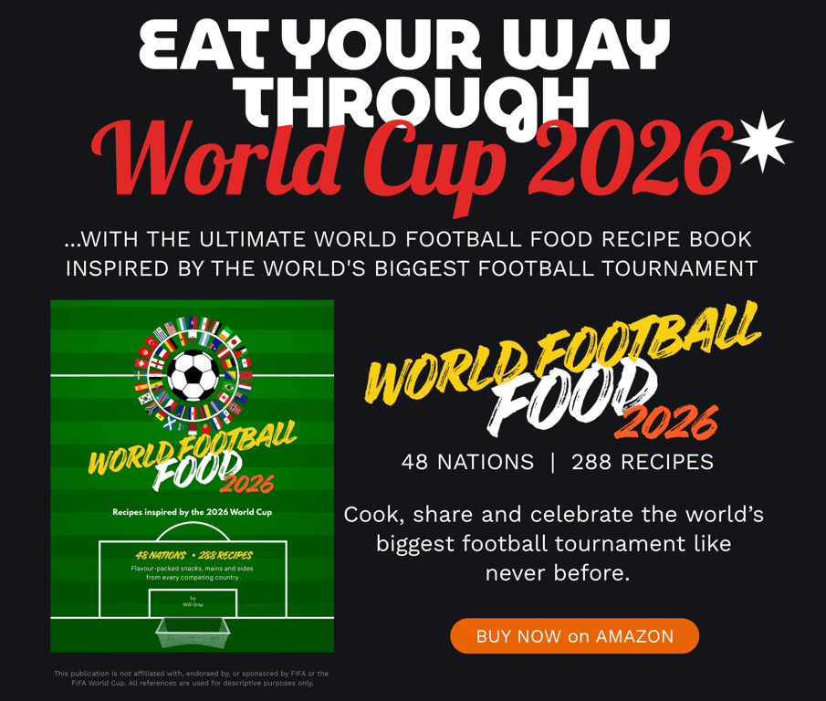 The worldfootballfood.com website homepage with the book cover and "Buy now on Amazon" button.
