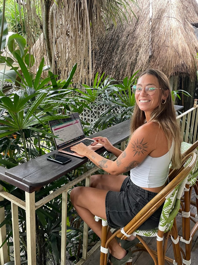 Carae working remotely from a cafe