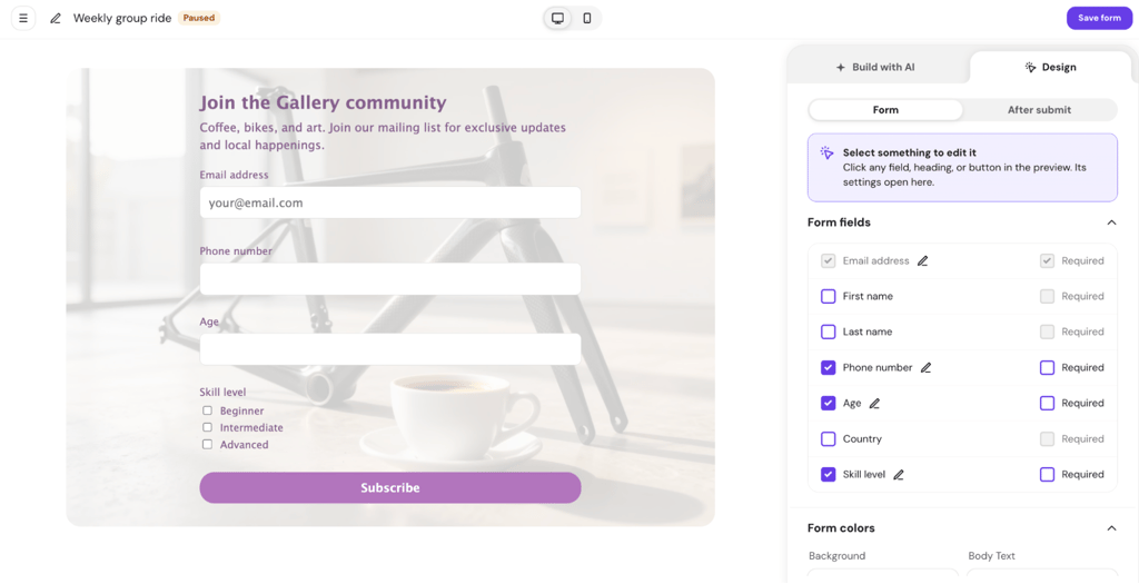 Hostinger Reach's built-in form builder interface