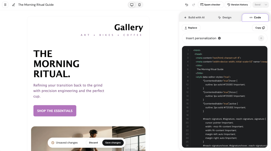Hostinger Reach's HTML editor interface