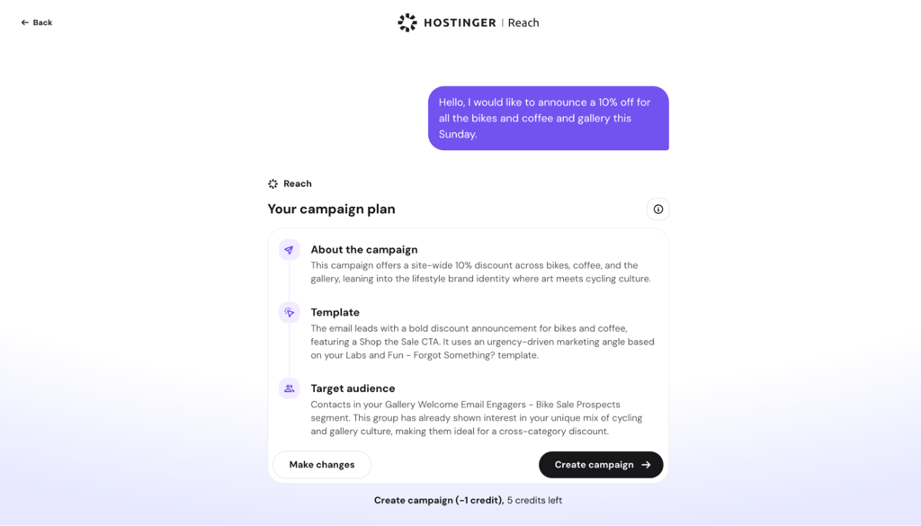Illustration of creating a whole email campaign in one prompt through Hostinger Reach