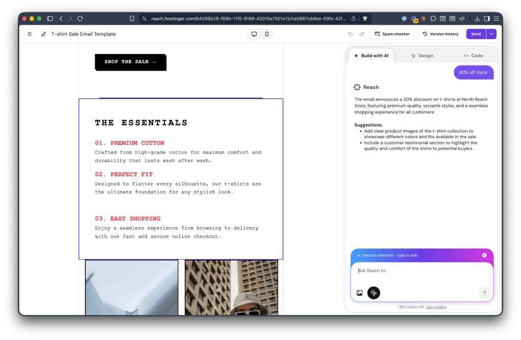 AI editing option in Hostinger Reach