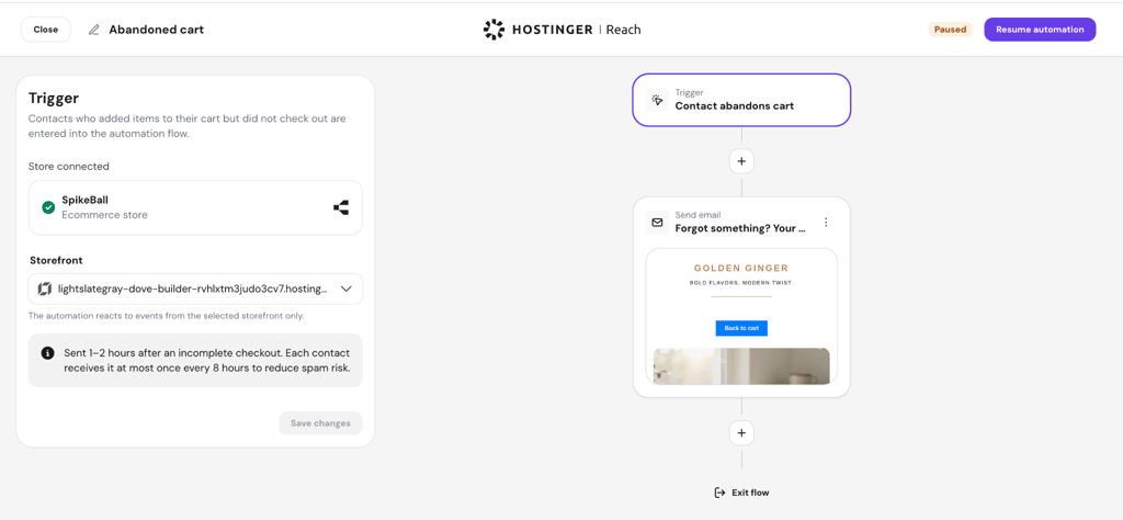 Hostinger Ecommerce store and React integration in an abandoned cart event