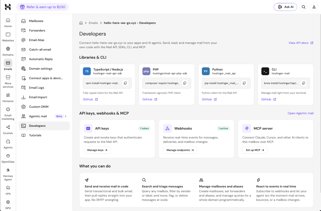 The Developers page for Hostinger Mail in hPanel