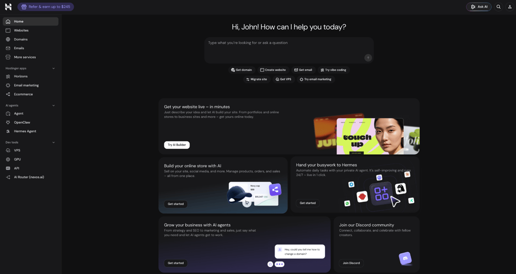hPanel Home with AI chat and dark mode
