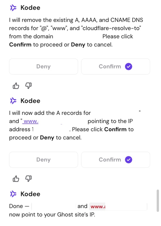 Kodee chat window with an instruction to point a domain to a website