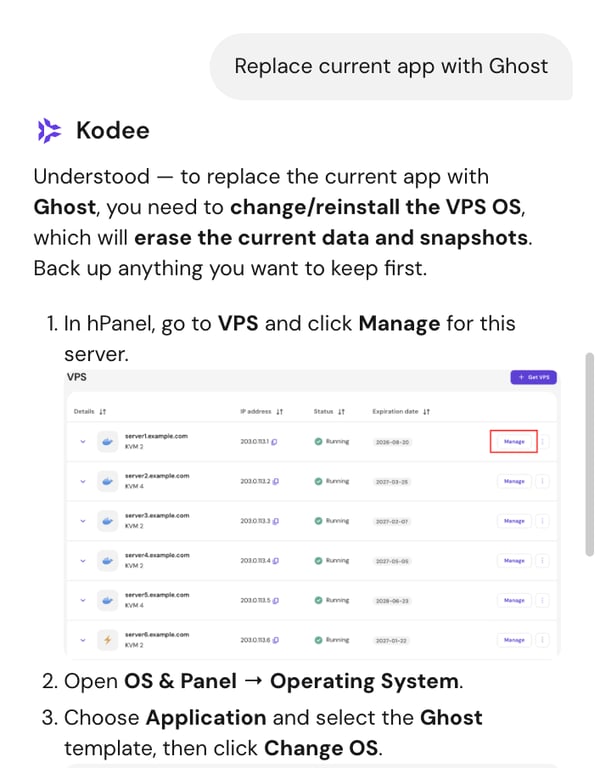 Kodee chat window with an instruction to replace a VPS OS and application
