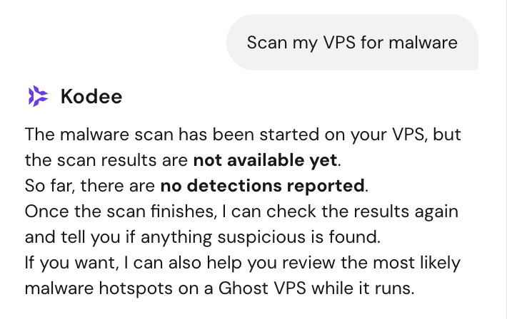 Kodee chat window with an instruction to scan malware on a VPS