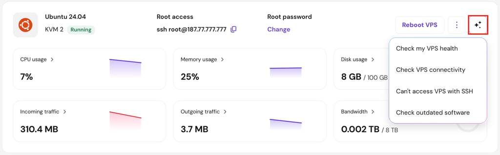 The Nudge button on a VPS dashboard on hPanel