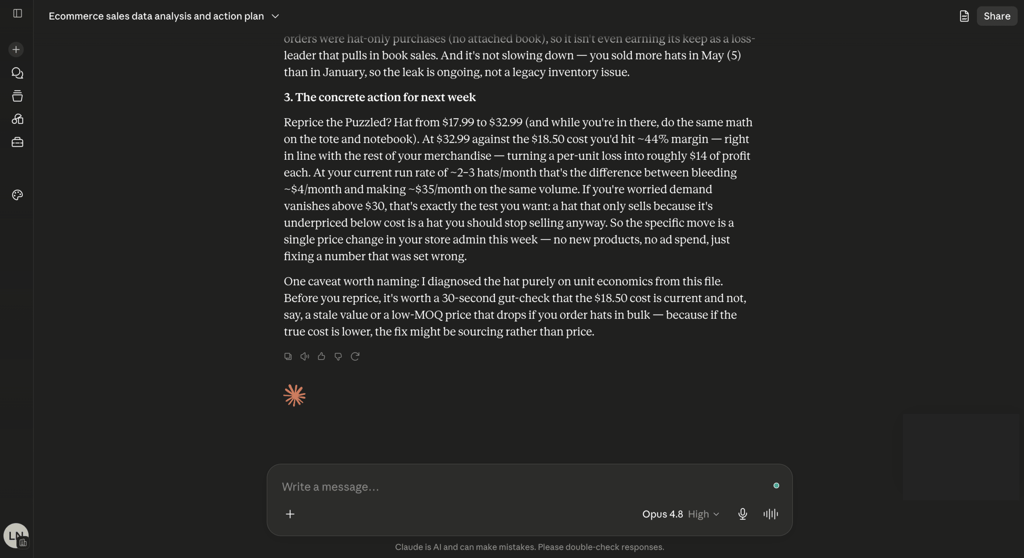 The continuation of Opus 4.8's data analysis reasoning output