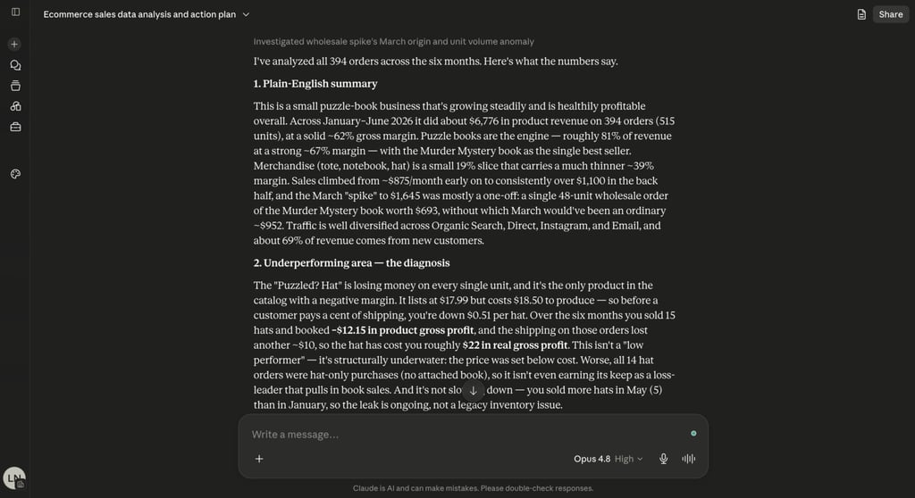Opus 4.8's data analysis reasoning output