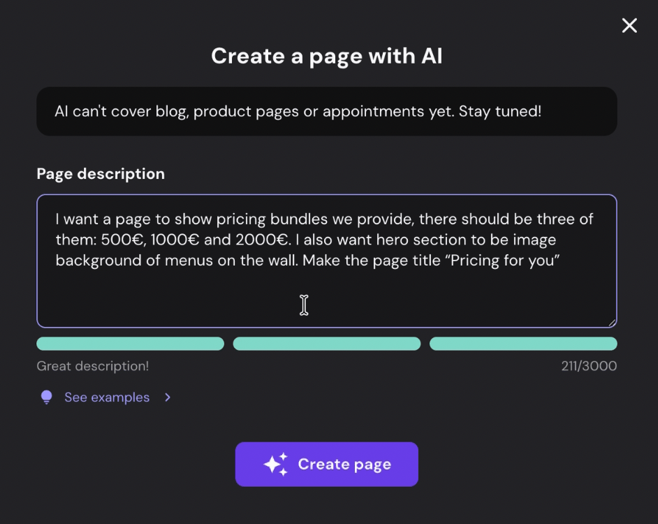 "Create a page pinch AI" dialog successful Hostinger Website Builder pinch a page explanation filled in