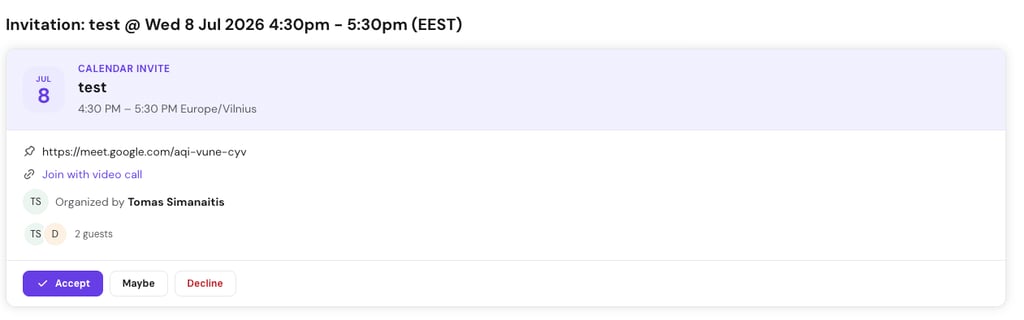 Invitation snippet shown in an opened email in Hostinger Mail