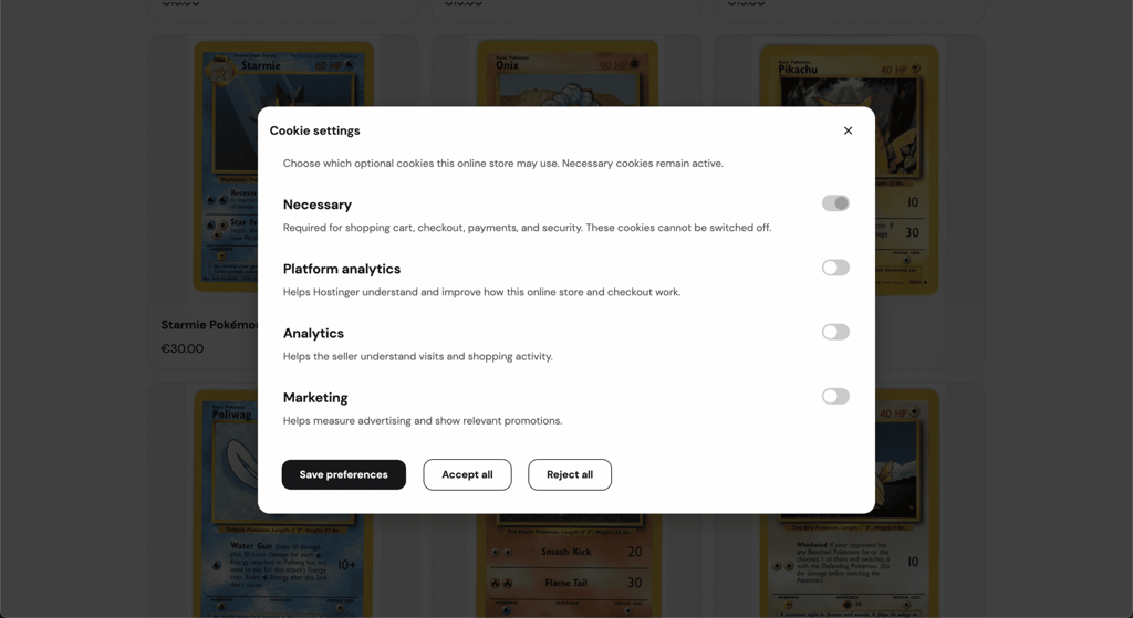 Cookie settings dialog on a Quick Link store with toggles for necessary, platform analytics, analytics, and marketing cookies