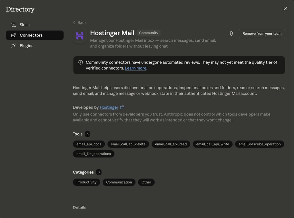 The Hostinger Mail connector page on Claude AI