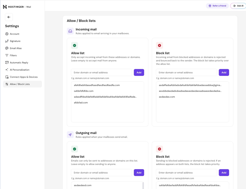 The newly added Allow/Block list feature on Hostinger Mail