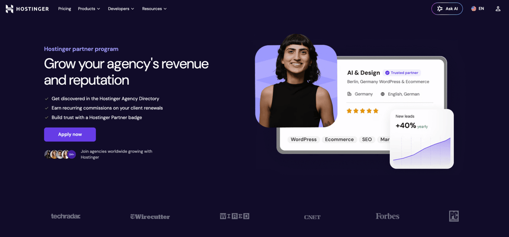 Hostinger Partner Program landing page headlined "Grow your agency's revenue and reputation"
