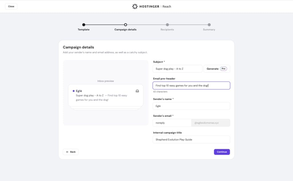 Hostinger Reach's custom pre-header field