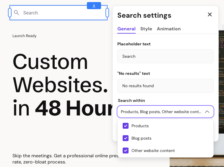 The Search element on Hostinger's drag-and-drop website editor