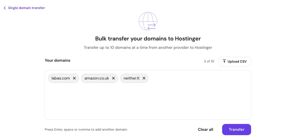 Bulk domain transportation surface pinch 3 domains added and an Upload CSV option, transferring up to 10 astatine once