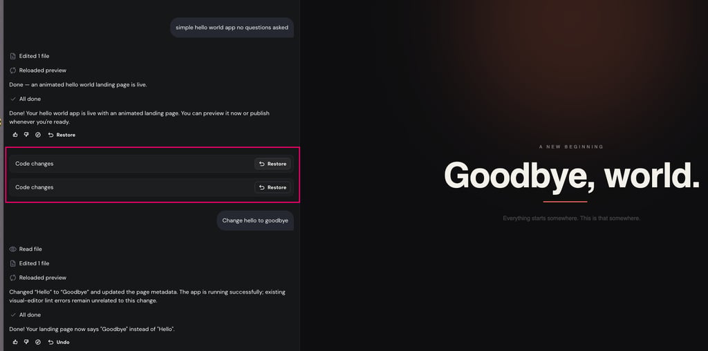AI Builder agentic chat showing 2 abstracted Code changes entries, each pinch its ain Restore button