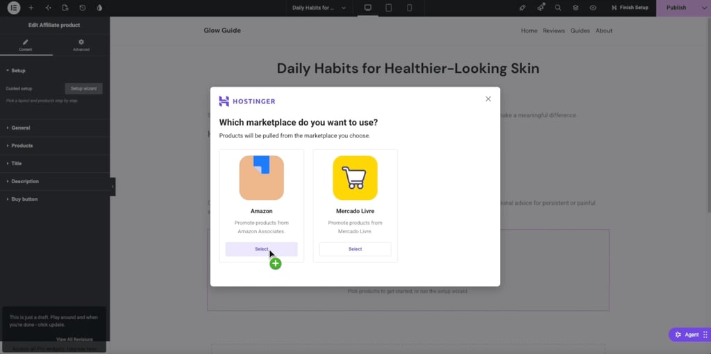 Elementor editor pinch the Hostinger connection widget asking which marketplace to use, Amazon aliases Mercado Livre