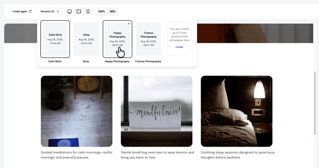 AI Website Builder for WordPress showing a versions dropdown pinch 4 generated tract versions to browse and restore