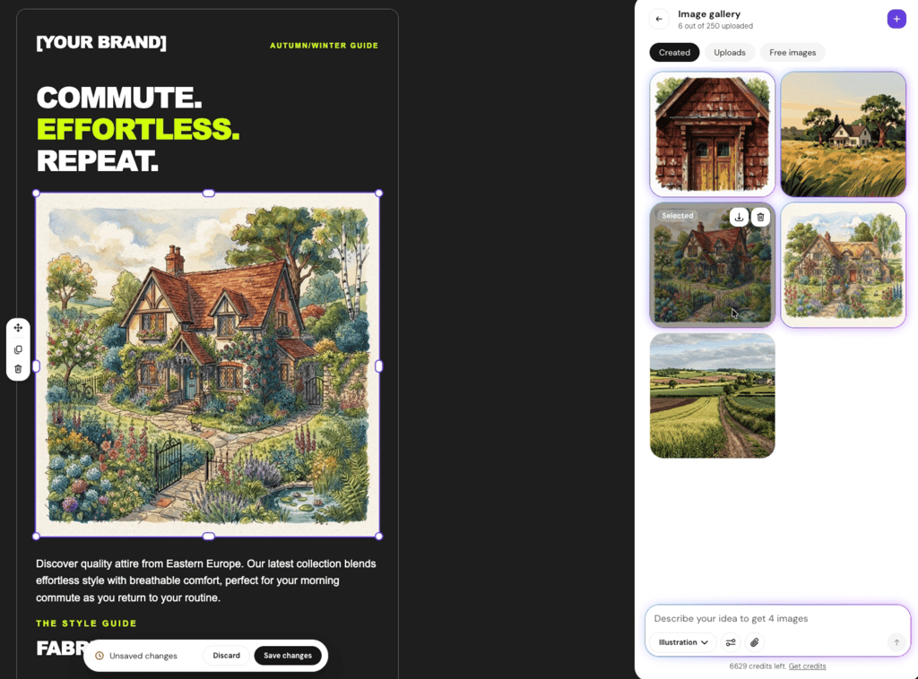 Reach email editor with a marketing layout on the left and the AI image gallery open on the right, showing generated house illustrations