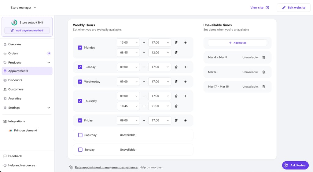Hostinger Website Builder's Appointment menu in Store manager