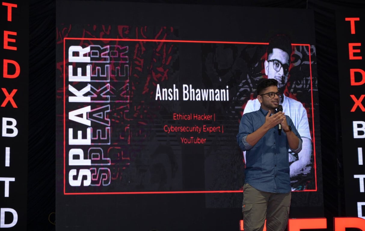 Ansh Bhawnani speaking at a TEDx event.