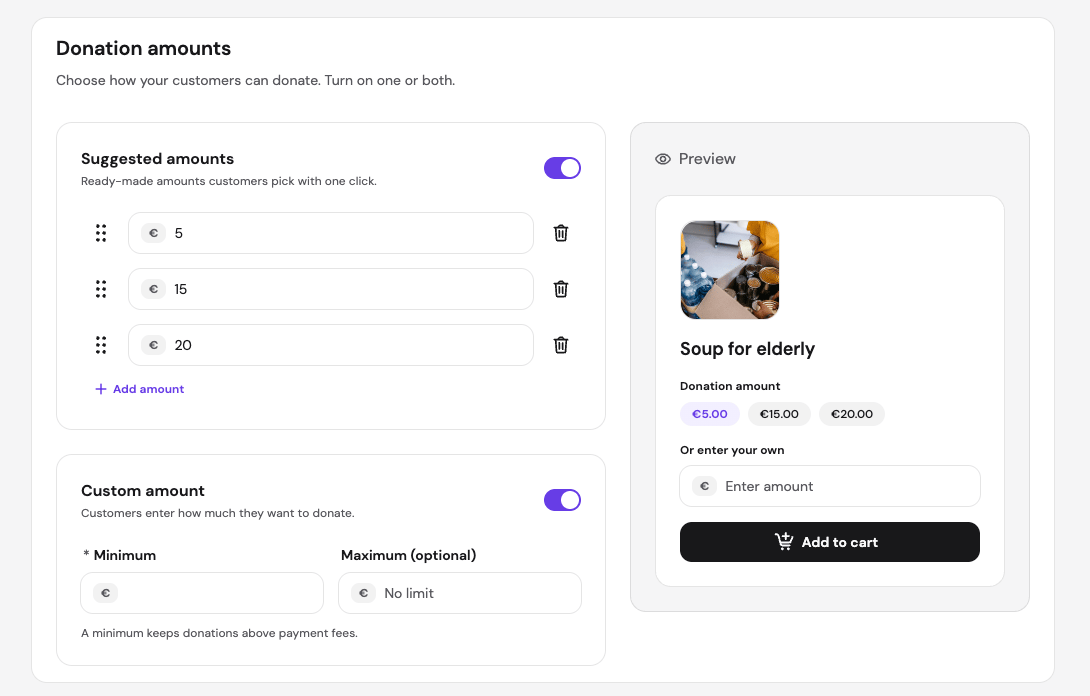 Hostinger Ecommerce donation settings with suggested amounts and a custom-amount option, plus a live preview of the donation product