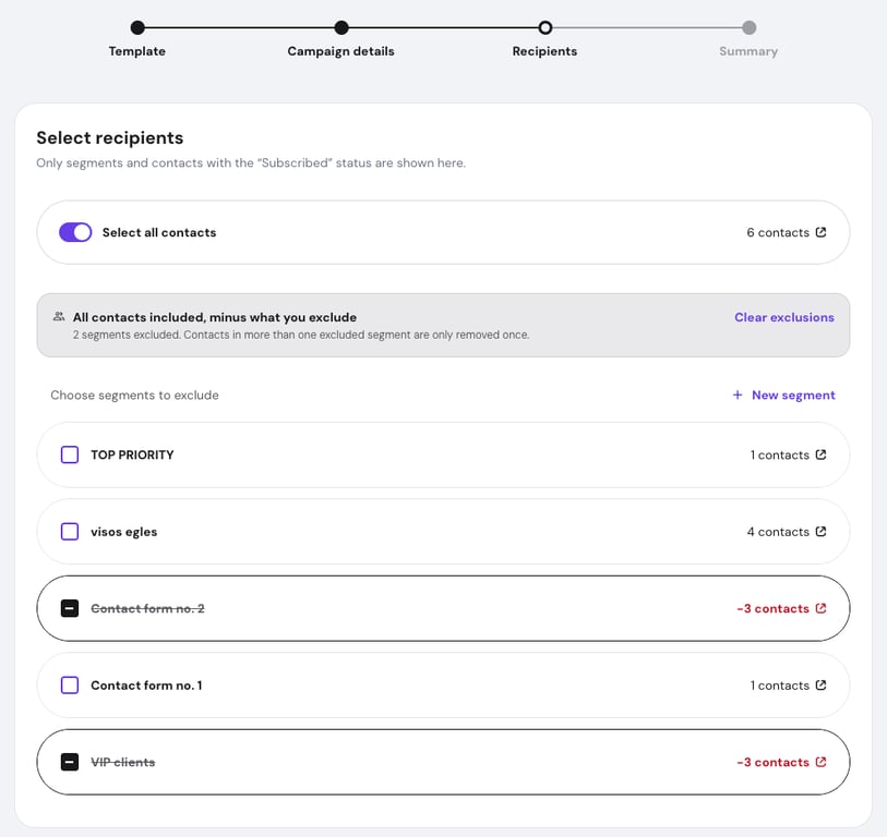Reach campaign recipient step with "select all contacts" on and two segments, VIP clients and a contact form, marked as excluded