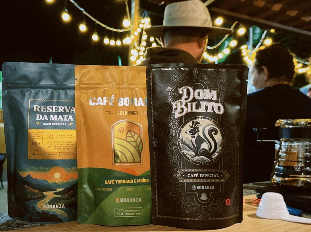 Three bags of Fazenda Bonanza specialty coffee, including the Dom Bilito and Reserva da Mata labels, displayed on a table under string lights.