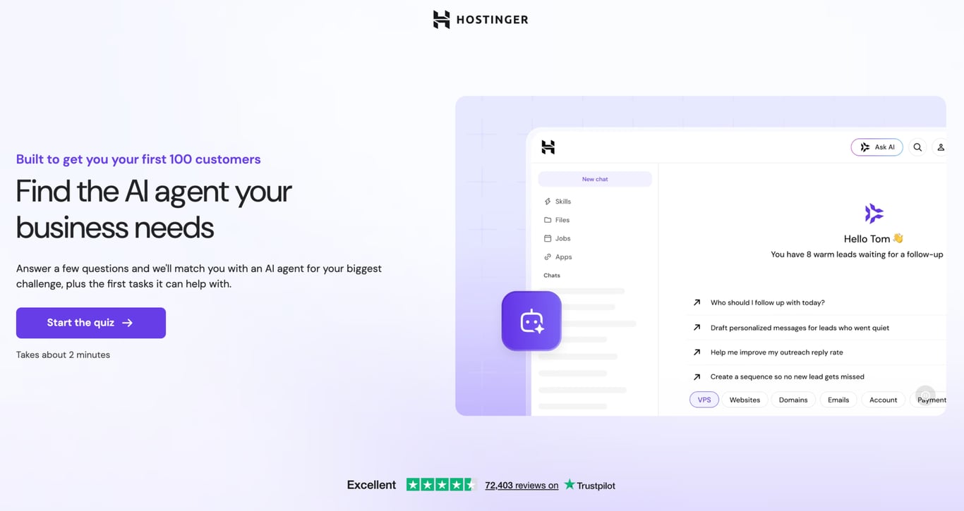 Hostinger Agent quiz landing page headed "Find the AI agent your business needs" with a Start the quiz button