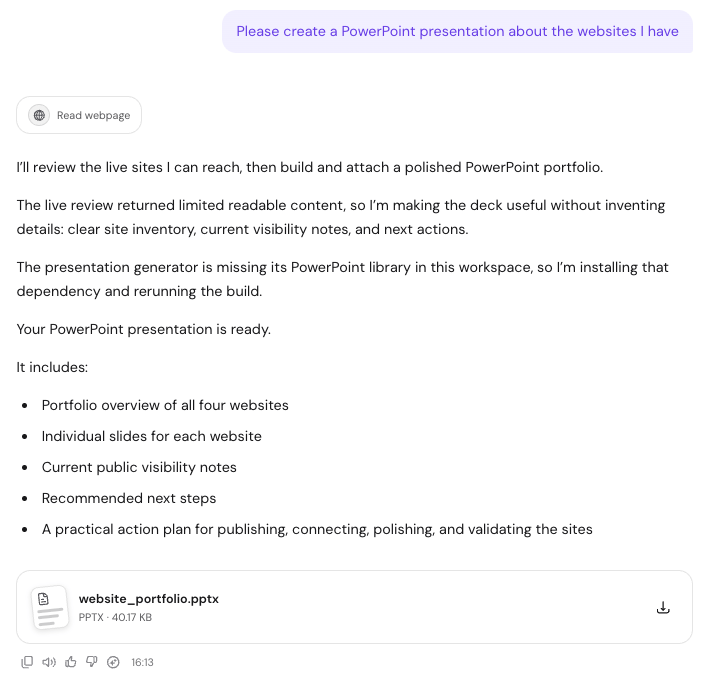 Hostinger Agent chat building a PowerPoint in a Sandbox and attaching the finished file for download