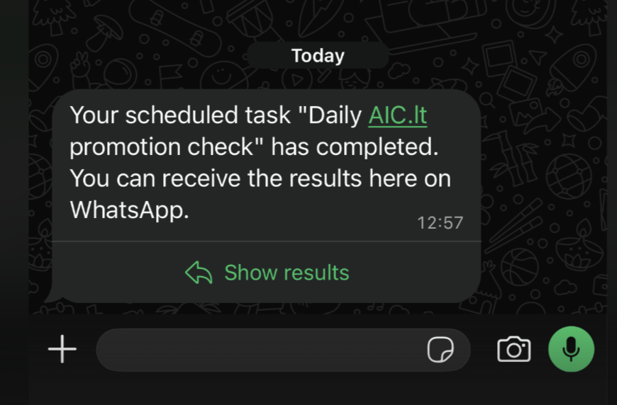 WhatsApp message from Hostinger Agent saying a scheduled task finished, with a Show results button
