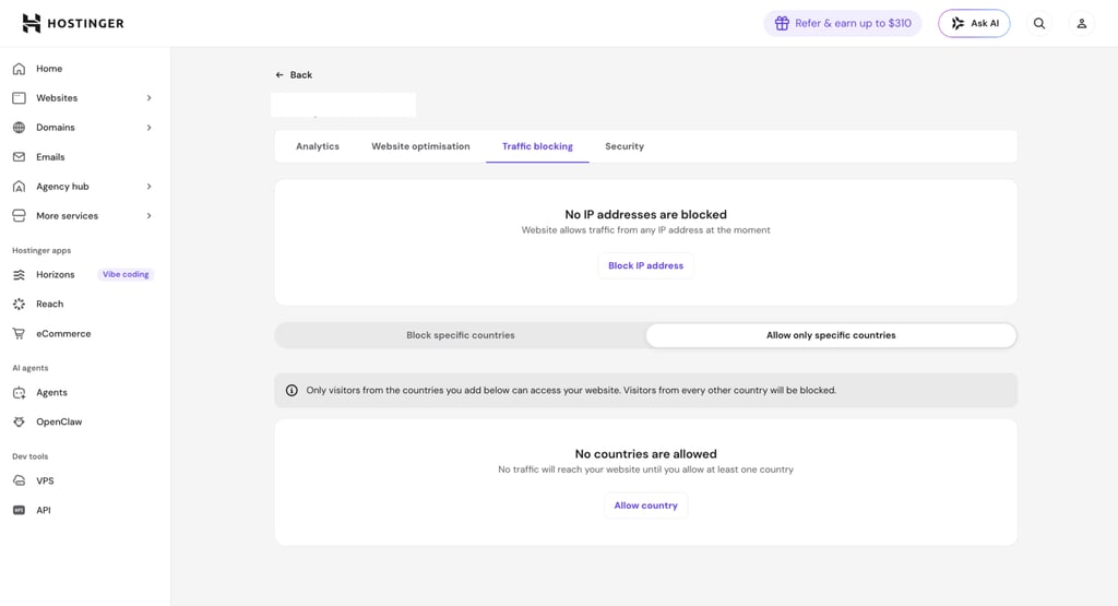 Hostinger CDN settings page to add blocklist and allowlist on hPanel