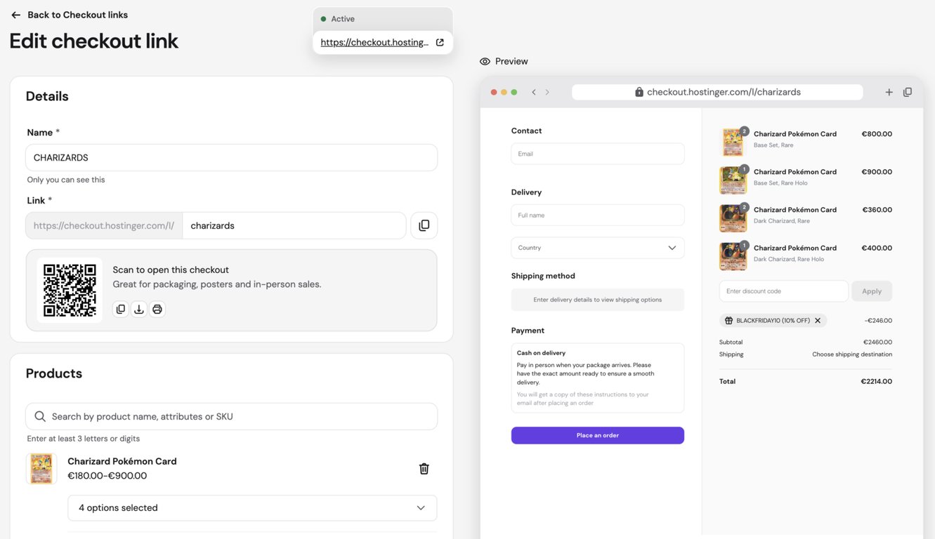 Hostinger Ecommerce Checkout Link editor with a QR code and a live preview of the pre-filled checkout
