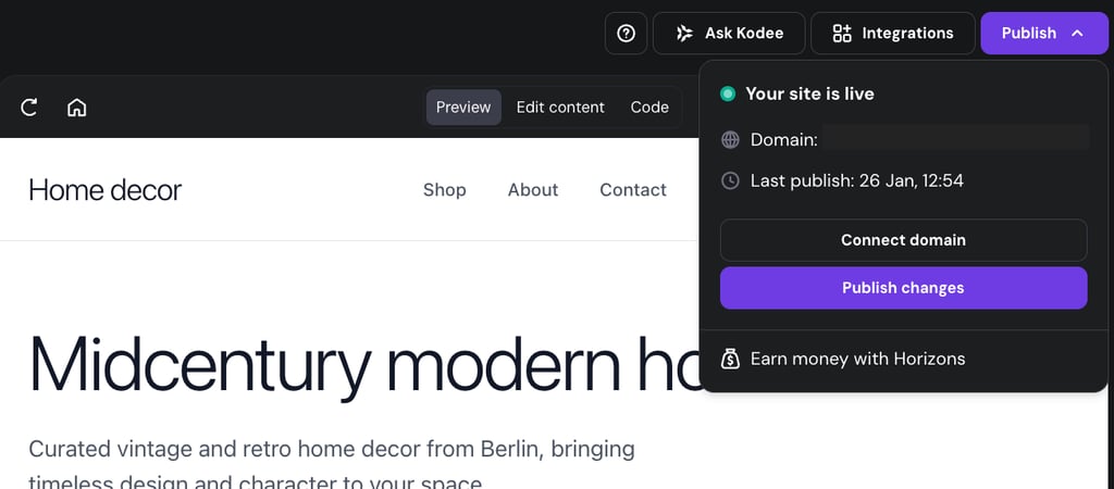 A refreshed Publishing interface on Hostinger Horizons