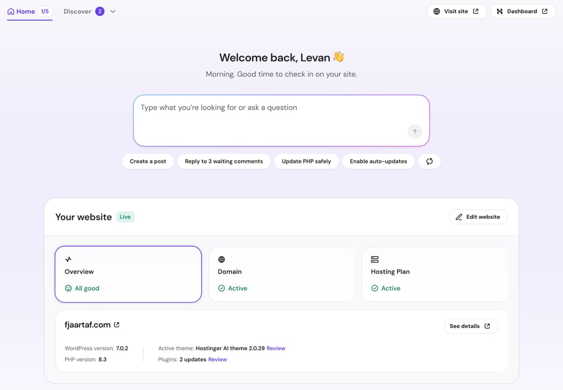 Hostinger Hub home screen inside the WordPress admin, with a prompt box, suggested actions, and a website status overview