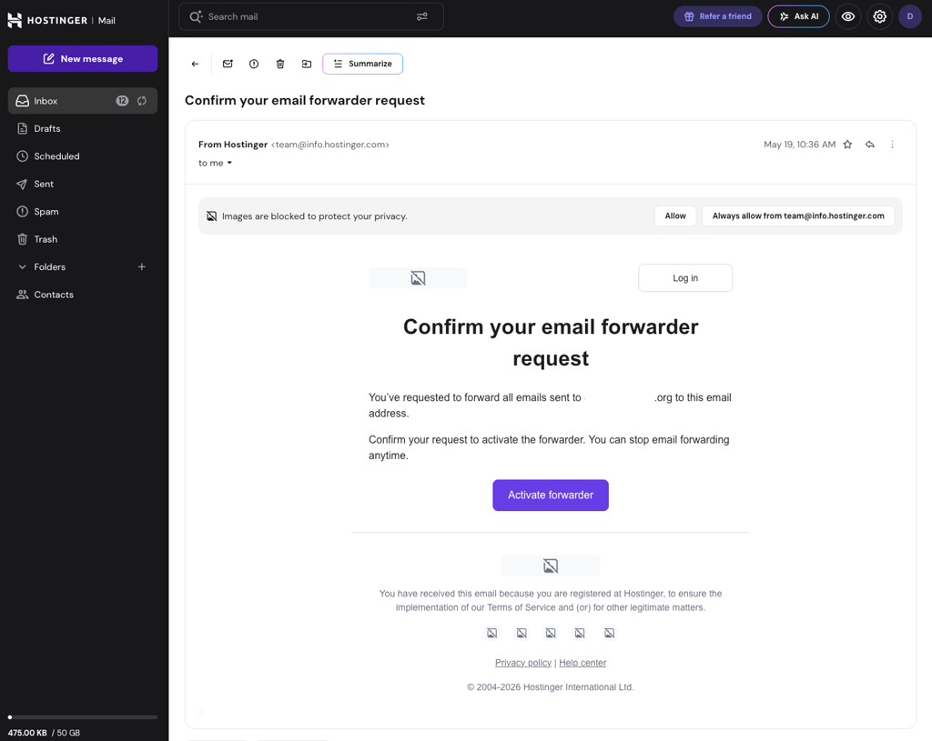 Hostinger Mail's dark mode interface