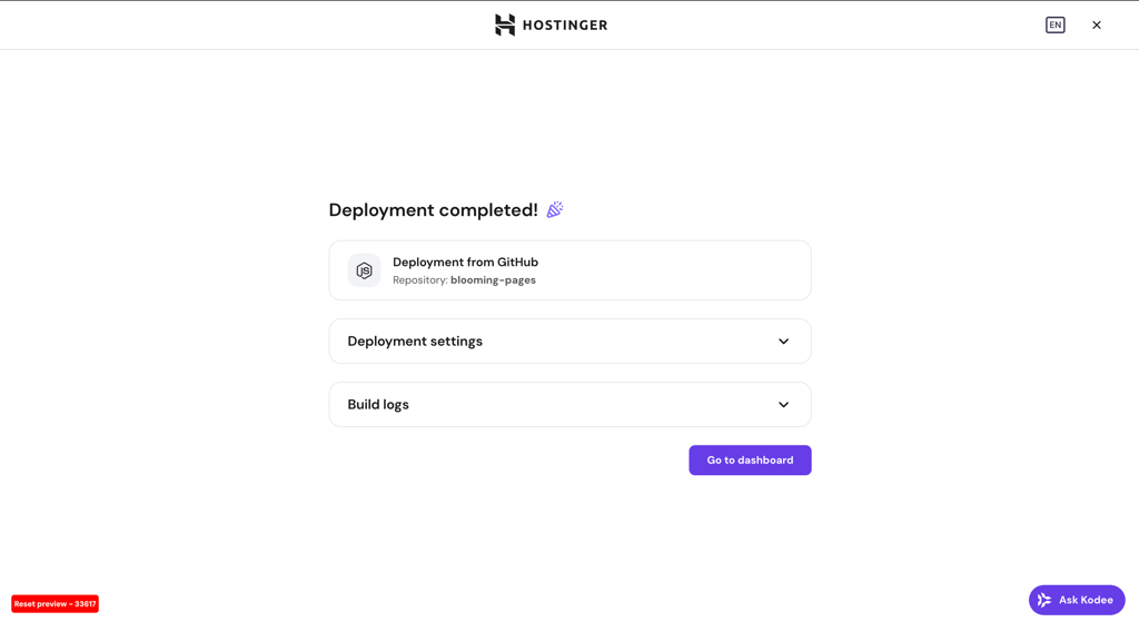 Hostinger Node.js hosting's deployment completion page