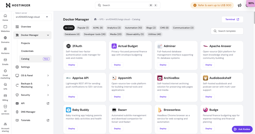Hostinger VPS' Docker catalog on Hostinger dashboard