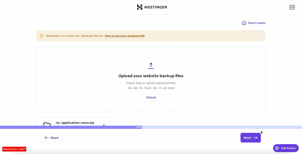 Hostinger website migration interface